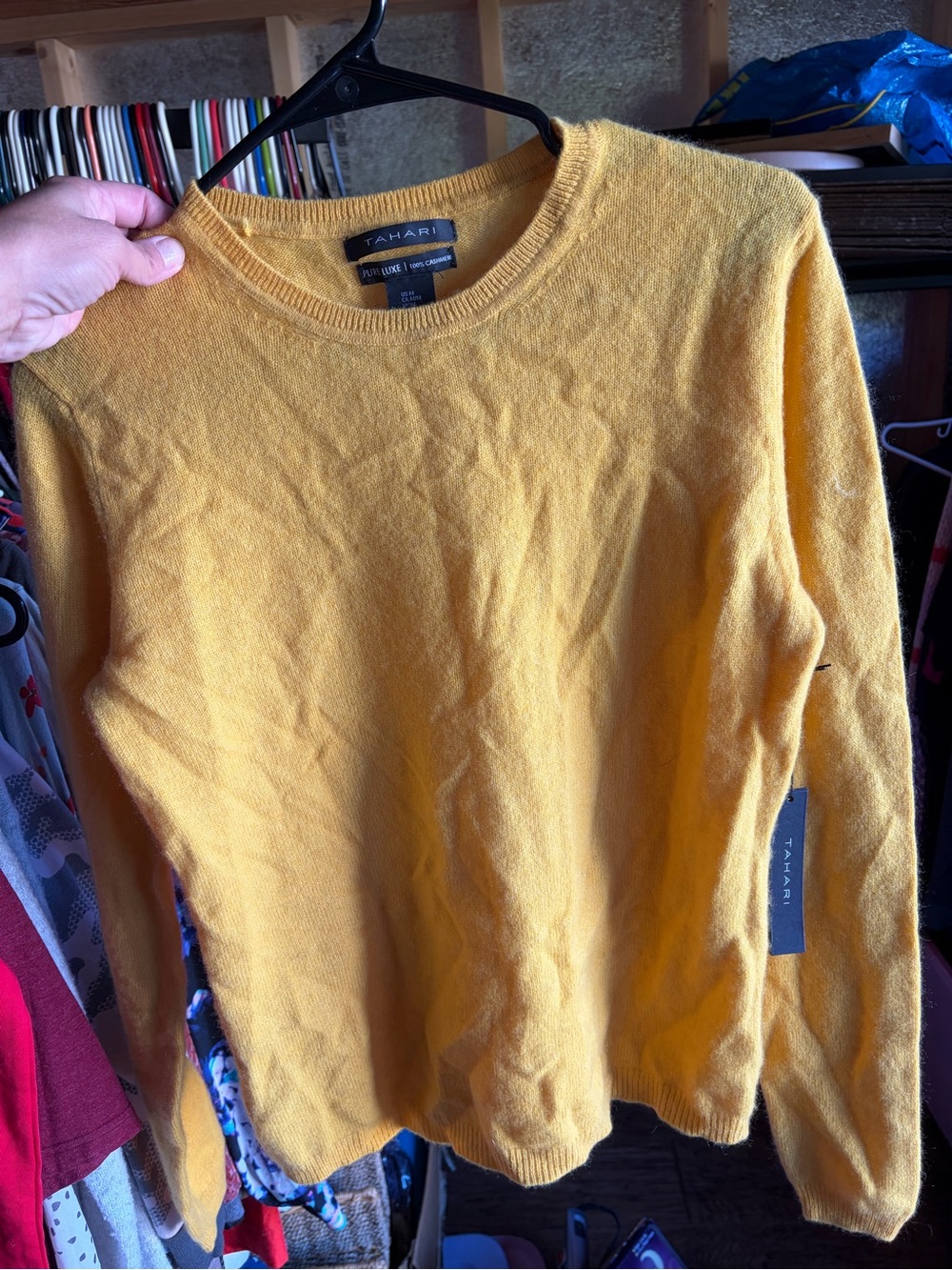 Tahari Women's Mustard Yellow Pure Luxe 100% Cashmere Crewneck Sweater Medium